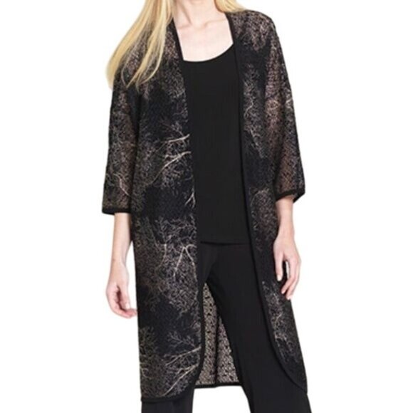 Clara Sunwoo Duster Cardigan XL Black Abstract Gold Mesh Sequin Embellished - Picture 1 of 12